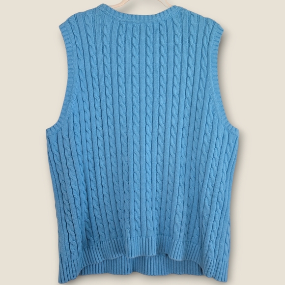 L.L. Bean Sweater Vest Size 1X Powder Blue Cable Knit Cotton Unisex Twee Cottage - Picture 2 of 10